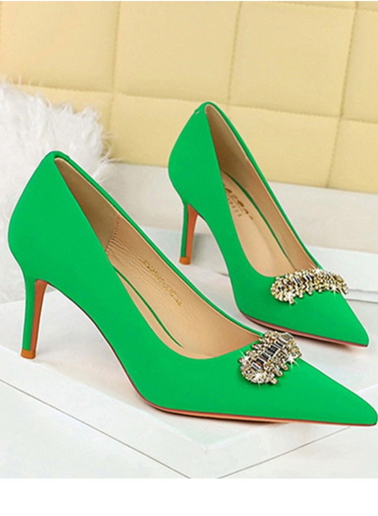 بيج تري المرأة مغلقة أشارت إصبع القدم الكعب العالي الراينست الديكور المضخات الخضراء 7CM - Image 2