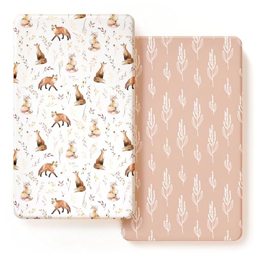 GRSSDER Stretch Ultra Soft Jersey Knit Fitted Crib Sheets Set 2 PackFits All Standard Crib Mattress Pads Safe and Snug Crib Fitted Sheet for Baby Pretty Fox for Girls - Image 1