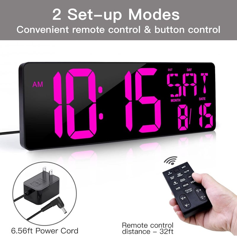 XREXS Large Digital Wall Clock with Remote Control, 16.5 Inch LED Large Display Count Up & Down Timer, Adjustable Brightness Alarm Clock with Day/Date/Temperature for Living Room, Bedroom, Office, Gym - Image 3