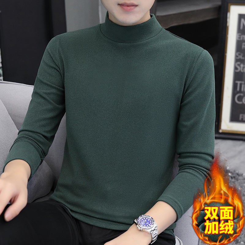 Clearance leak-picking ~ DE velvet long-sleeved T-shirt mens autumn and winter thermal underwear slim-fit half turtleneck autumn undershirt men Brown - Image 2