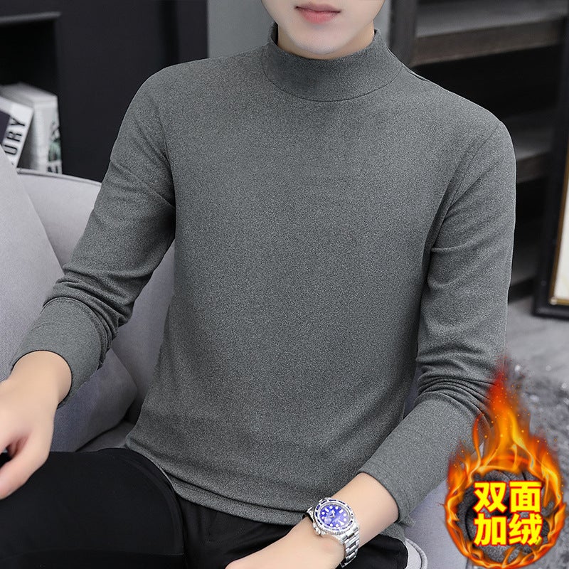 Clearance leak-picking ~ DE velvet long-sleeved T-shirt mens autumn and winter thermal underwear slim-fit half turtleneck autumn undershirt men Brown - Image 3
