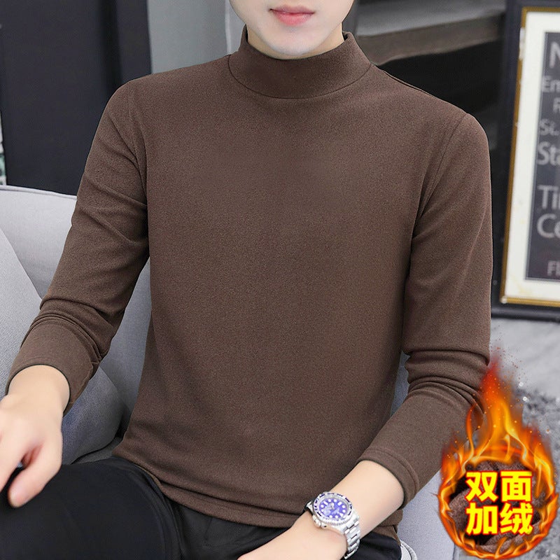 Clearance leak-picking ~ DE velvet long-sleeved T-shirt mens autumn and winter thermal underwear slim-fit half turtleneck autumn undershirt men Brown - Image 1