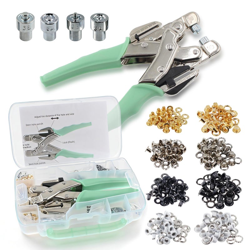 SHRJ Grommet Eyelet Pliers Kit 3/16 1/8 Multi-Size Eyelets Hole Punch Plier with 160Pcs Metal Grommets Heavy Duty Eyelet Pliers Rivet Press Tool Set for Leather Tarps Clothes Belt Crafts - Image 1