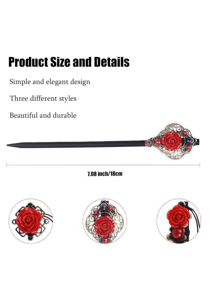 3 قطع من أعواد الشعر الخشبية ذات الطراز القديم مع شرابات وأزهار - إكسسوارات شعر وردية للنساء والفتيات - Image 2