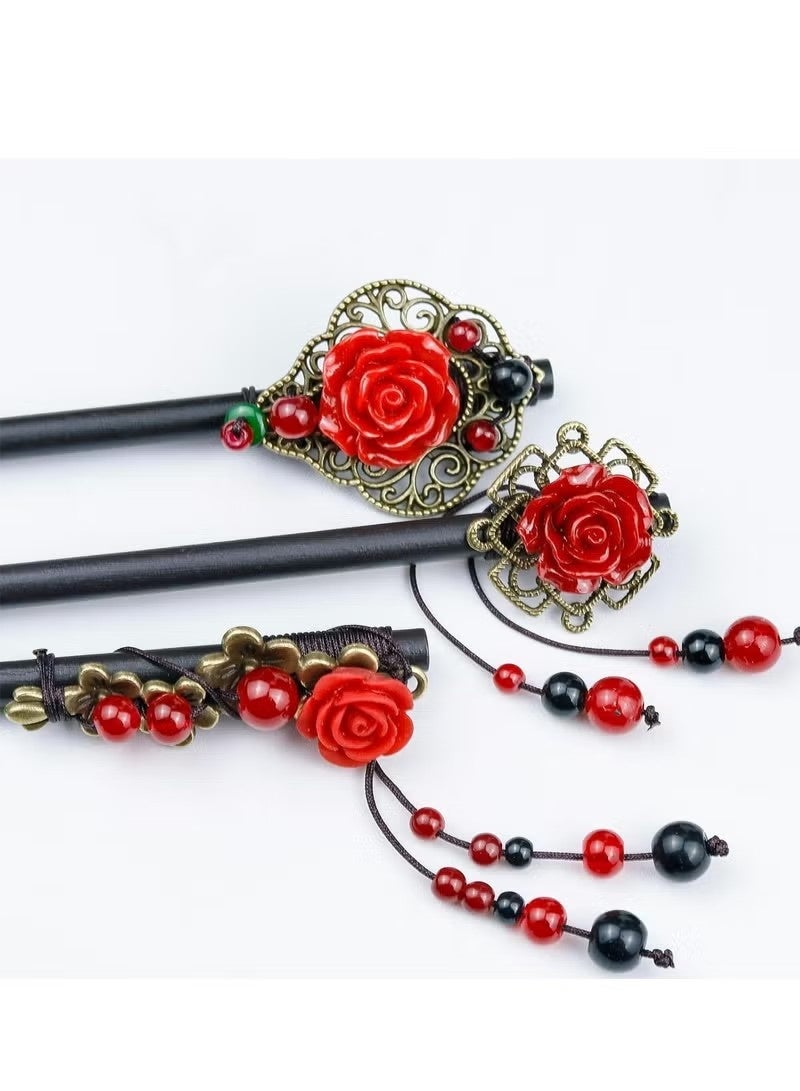 3 قطع من أعواد الشعر الخشبية ذات الطراز القديم مع شرابات وأزهار - إكسسوارات شعر وردية للنساء والفتيات - Image 3