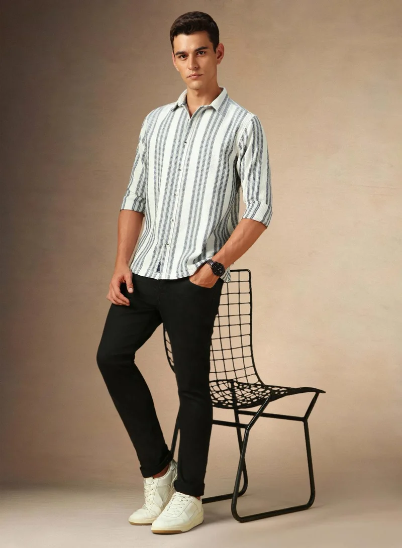 Dennis Lingo Men's White Cotton Blend Striped Shirt