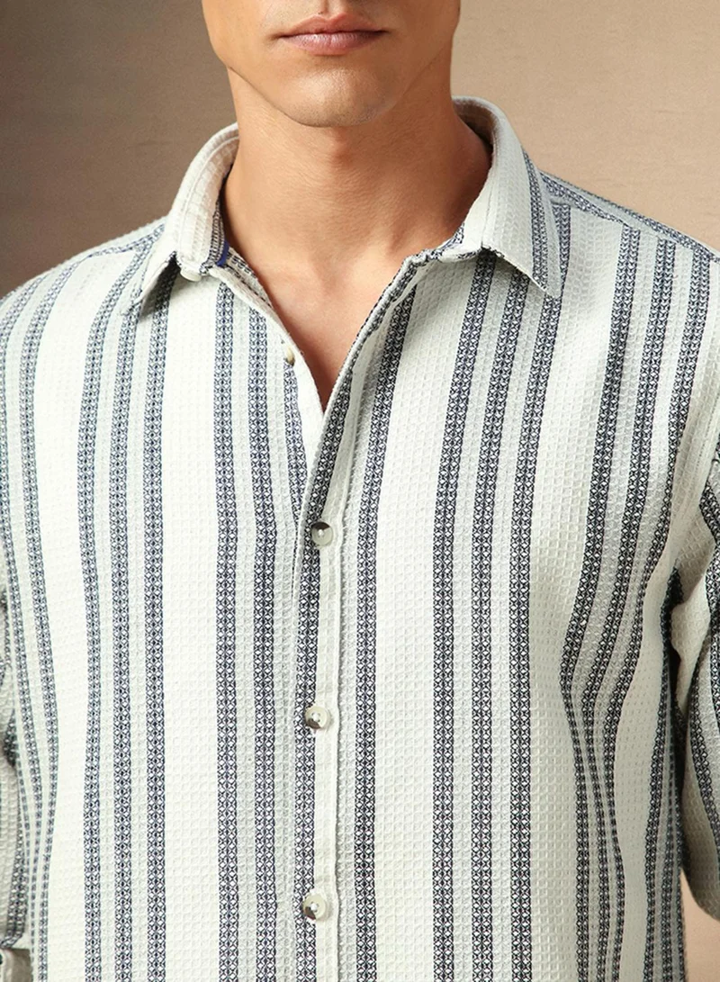 Dennis Lingo Men's White Cotton Blend Striped Shirt