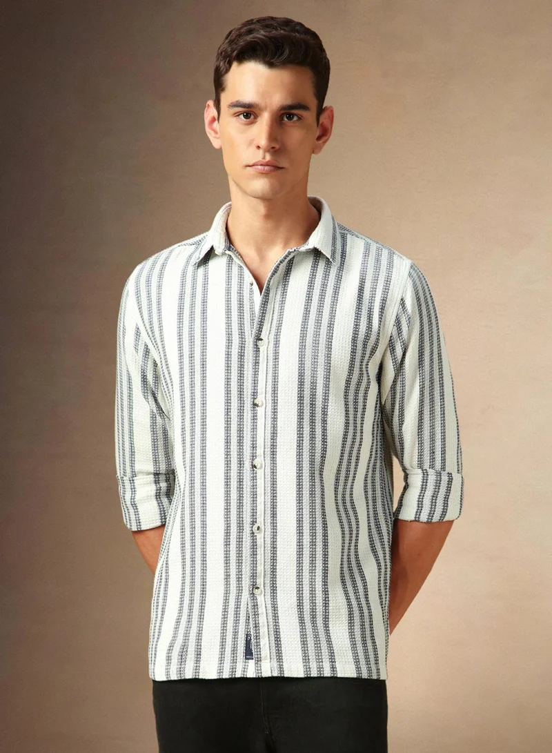 Dennis Lingo Men's White Cotton Blend Striped Shirt
