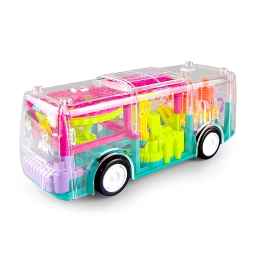 DEOXY Toy Bus for Kids - Big Size Transparent Vehicle – Educational Aid for Learning Mechanisms by Observation - Bump and Go - 3D Flashing LED Lights and Music(1488B Bus) - Image 1