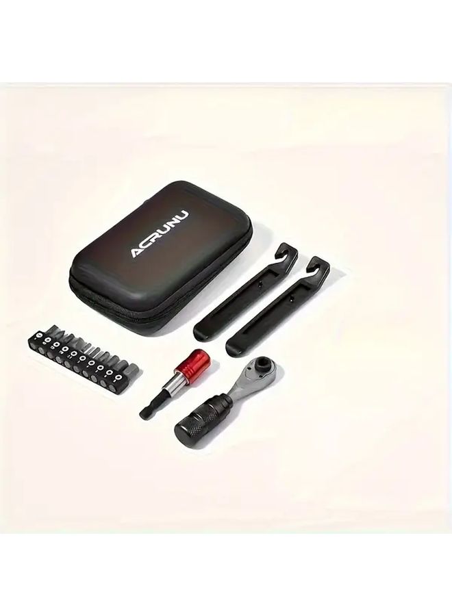 Black Aluminum Alloy Bicycle Repair Tool Kit With Ratchet Socket Wrench And Portable Bag - Image 1
