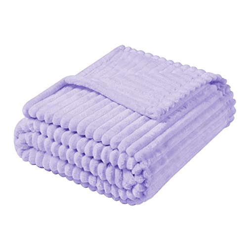 Vessia Flannel Fleece Throw Blanket for CouchSofaBed 300GSM Striped Lavender Blanket for Adults and Kids Super Soft Warm Cozy Lightweight Ribbed Lilac Throw for AllSeasonLight Purple