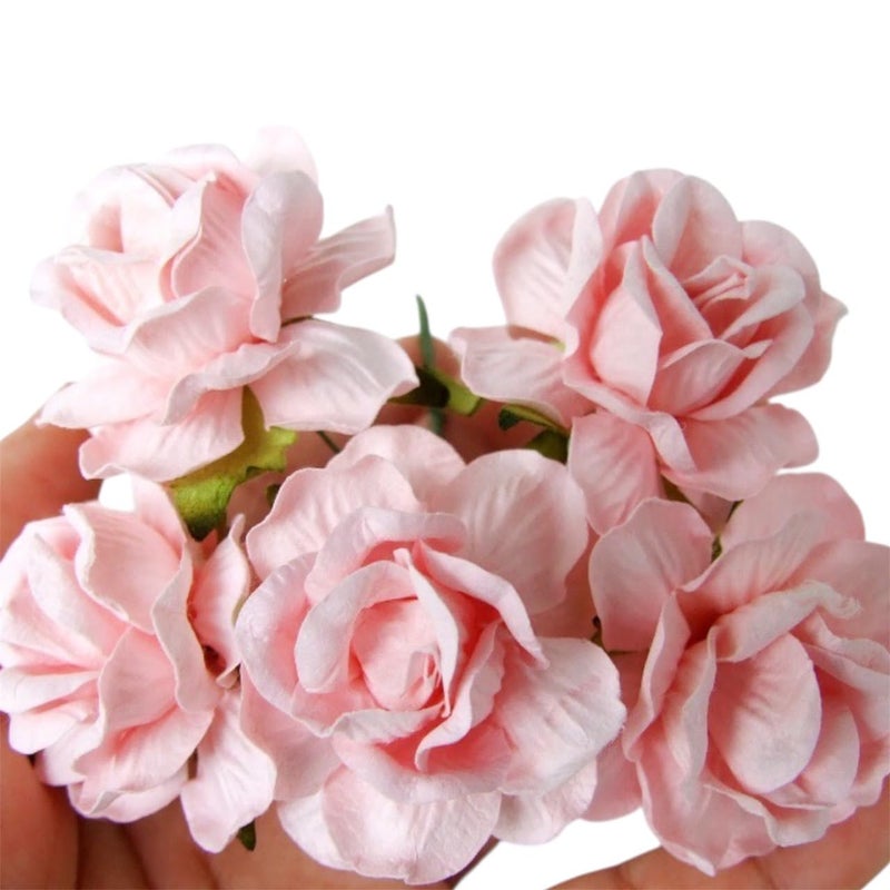 ICRAFY 10 Pink Rose Mulberry Paper Flower Artificial Craft Scrapbook Wedding Supply Accessory DIY, White Color, Size 4 cm.