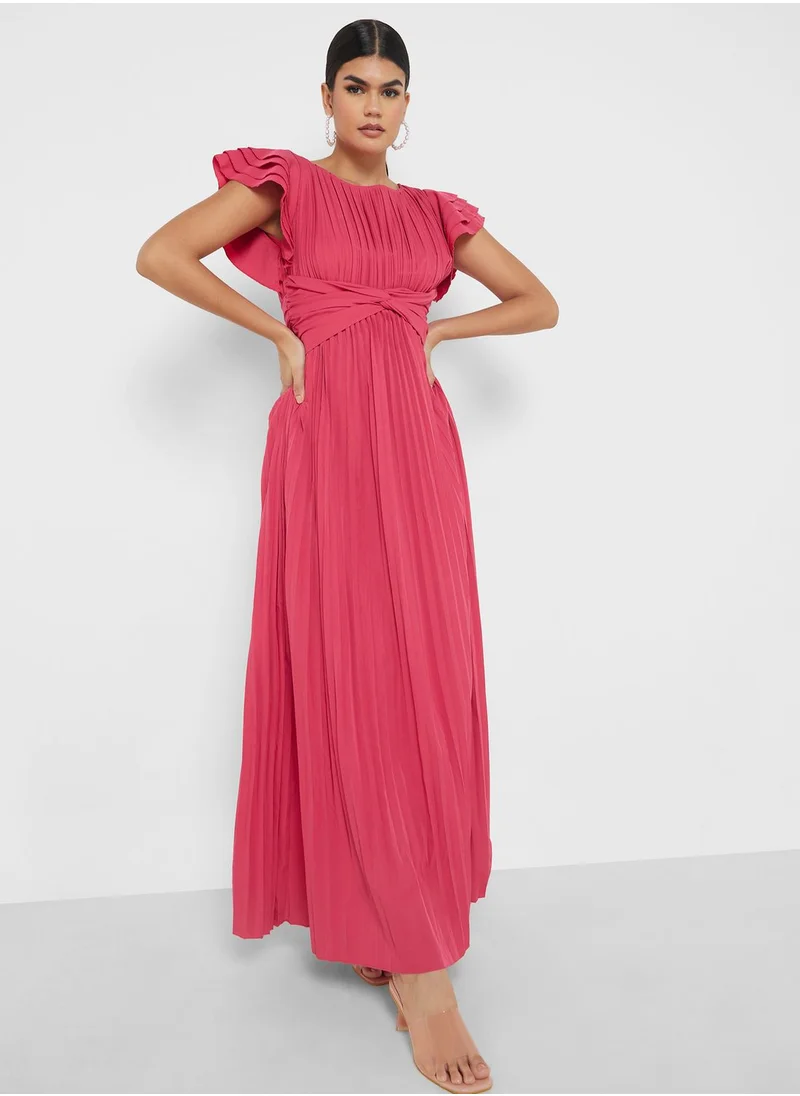 ELLA Ruffle Sleeve Dress With Pleats