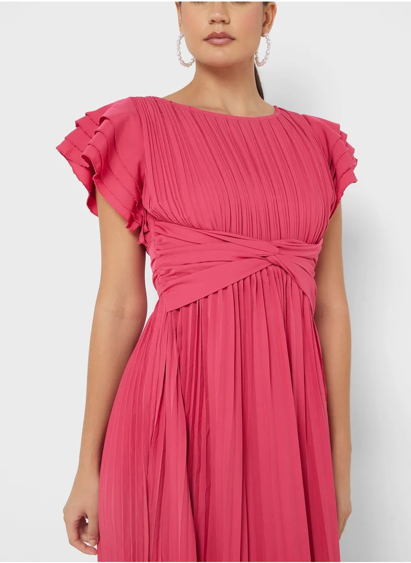 ELLA Ruffle Sleeve Dress With Pleats