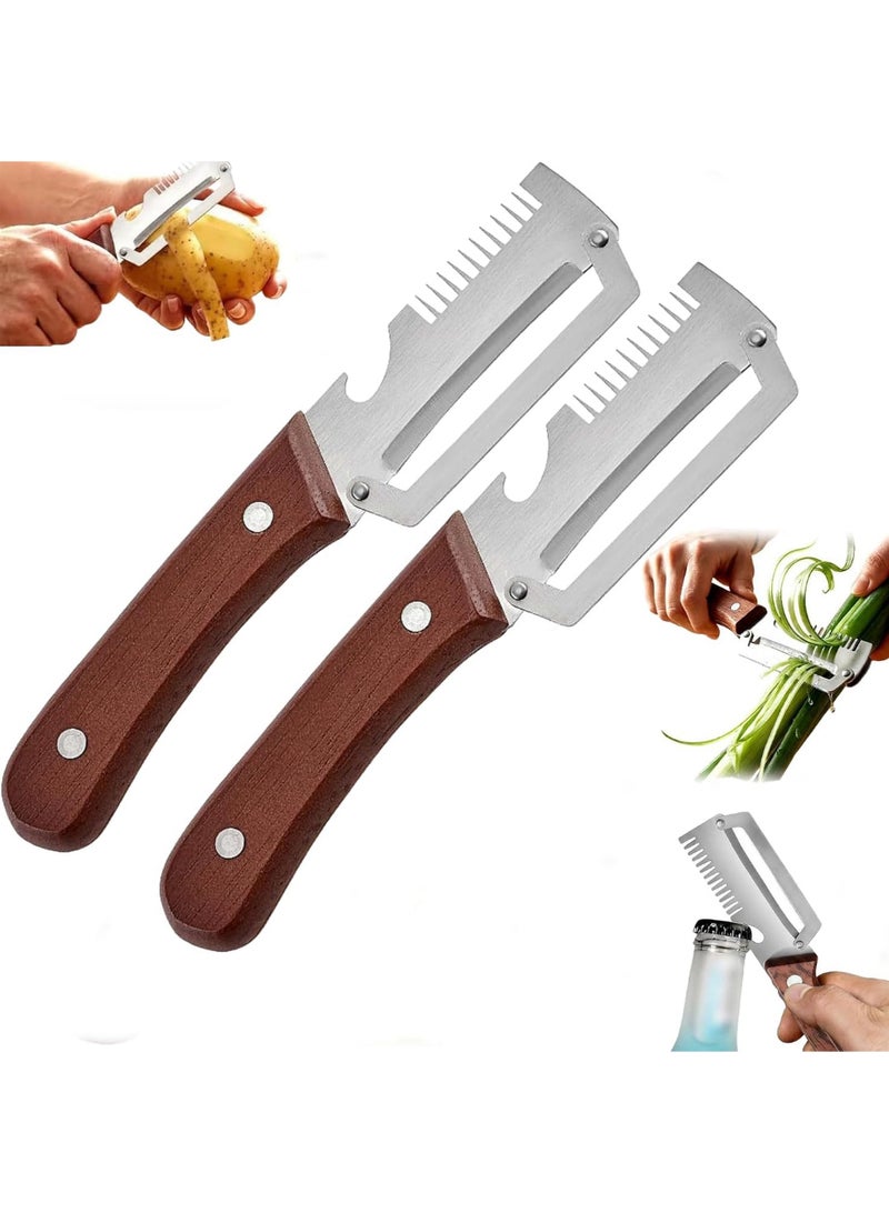 VIUAUAX 2pcs Stainless Steel Vegetable Peeler with wooden handle bottle opener 3-in-1 Multifunctional Stainless Steel Blade Kitchen Tool for Fruit Apple Potato Pumpkin Papaya Carrot - Image 1