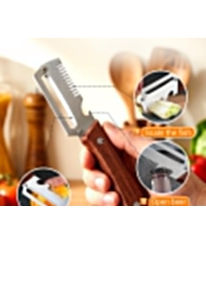 VIUAUAX 2pcs Stainless Steel Vegetable Peeler with wooden handle bottle opener 3-in-1 Multifunctional Stainless Steel Blade Kitchen Tool for Fruit Apple Potato Pumpkin Papaya Carrot - Image 3