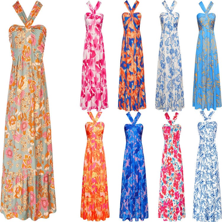 Women's Summer Halter Neck Sleeveless Floral Long Dress