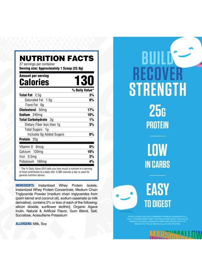RYSE Up Supplements RYSE Loaded Protein Powder - Jet-Puffed Marshmallow - 25g Whey Protein Isolate & Concentrate with Prebiotic Fiber & MCTs - Low Carb, Low Sugar, Digestive-Friendly - 20 Servings / 1.5 lb Tub - Image 2