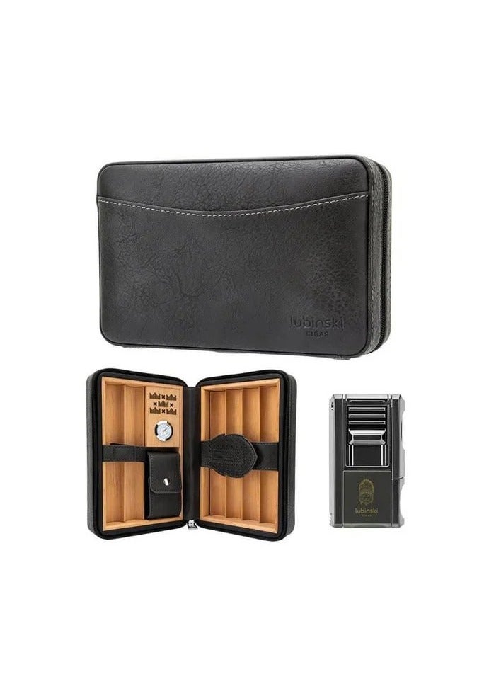 LUBINSKI Travel Cigar Humidor Set – 6-Cigar Capacity, 5-in-1 Premium Lighter & Built-In Hygrometer, Black Leather Gift Box - Image 1