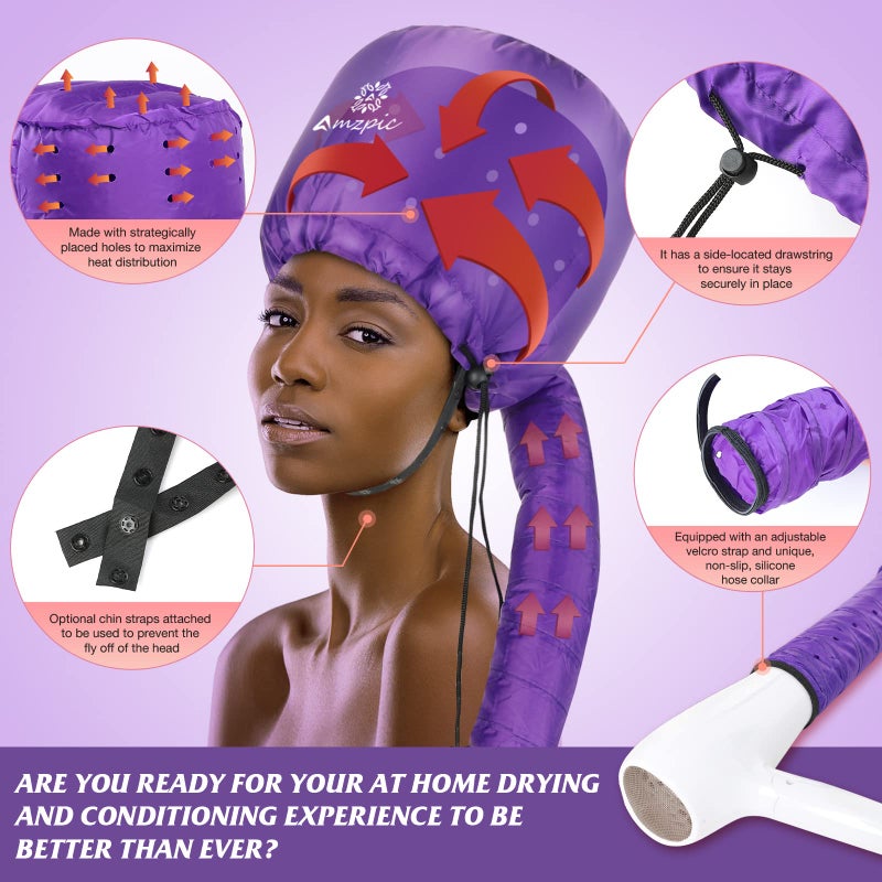 Amzpic Bonnet Hood Hair Dryer Attachment - Soft, Adjustable Extra Large Bonnet Hair Dryer for Speeds Up Drying Time at Home, Easy to Use for Styling, Curling and Deep Conditioning (Purple) - Image 2
