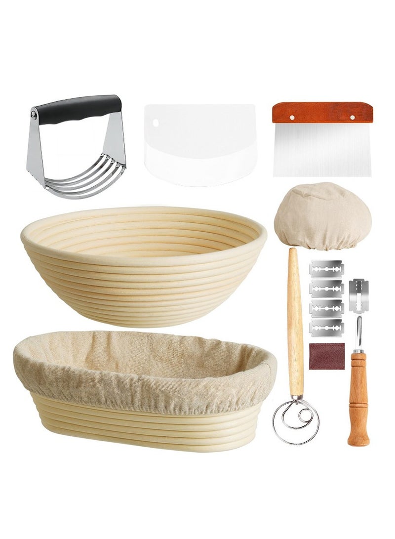 Furtey 14-piece Set Bread Baking Kit Baking Tools, Sourdough Starter Kit Bread Proofing Basket Set,Bread Proofing Basket Set, Oval Basket With Cloth Cover/Round Basket With Cloth Cover, Natural Rattan Oval + Round Bread Fermentation Basket - Image 1