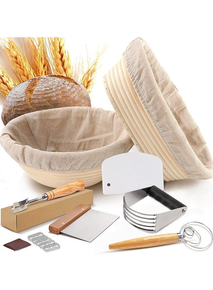 Furtey 14-piece Set Bread Baking Kit Baking Tools, Sourdough Starter Kit Bread Proofing Basket Set,Bread Proofing Basket Set, Oval Basket With Cloth Cover/Round Basket With Cloth Cover, Natural Rattan Oval + Round Bread Fermentation Basket - Image 2