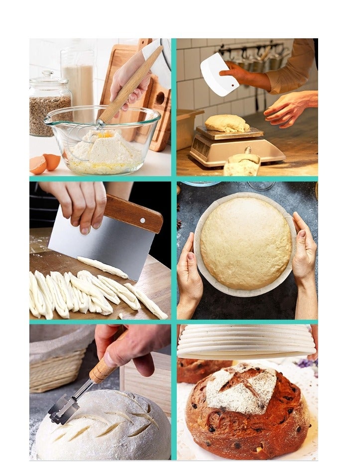 Furtey 14-piece Set Bread Baking Kit Baking Tools, Sourdough Starter Kit Bread Proofing Basket Set,Bread Proofing Basket Set, Oval Basket With Cloth Cover/Round Basket With Cloth Cover, Natural Rattan Oval + Round Bread Fermentation Basket - Image 4