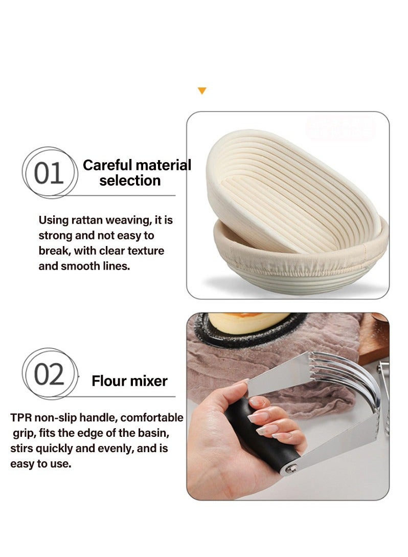 Furtey 14-piece Set Bread Baking Kit Baking Tools, Sourdough Starter Kit Bread Proofing Basket Set,Bread Proofing Basket Set, Oval Basket With Cloth Cover/Round Basket With Cloth Cover, Natural Rattan Oval + Round Bread Fermentation Basket - Image 5