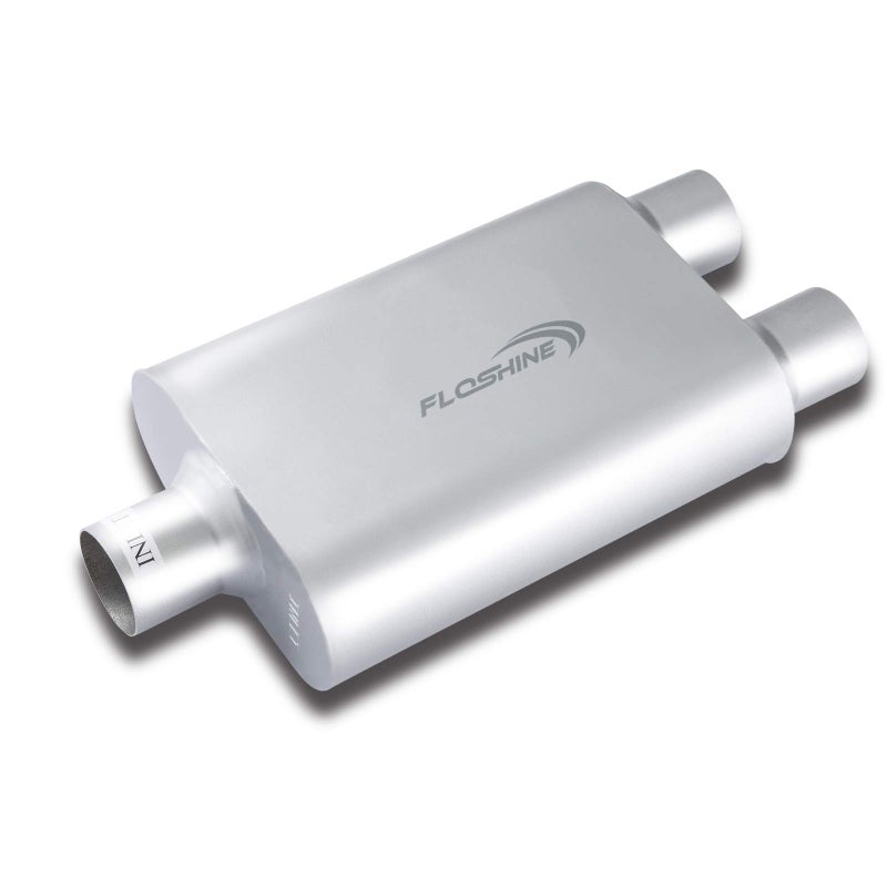Floshine Universal Mufflers Performance Automotive Exhaust Aluminized Steel Muffler Dual Chamber 25 center inlet ID 25 dual outlet ID FH425400
