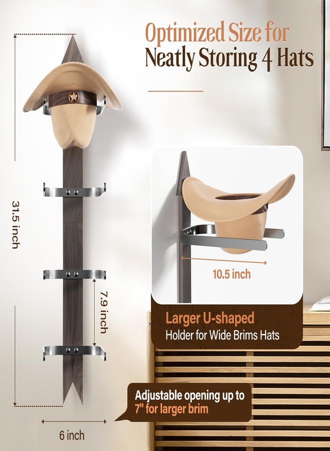 Orapoke Cowboy Hat Rack for Wall, Cowboy Hat Holder Wall Mount Holds up to 4 Hats, Wooden Western Rustic Metal Cowboy Hat Hanger with Arrow Sign Board, Hat Organizer for Cowboy Hat, Fedora,Sun Hats (1 Pack) - Image 2