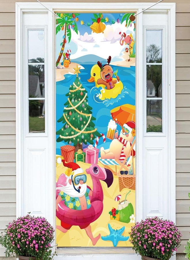 HOWAF Hawaiian Christmas Decoration Door Cover, Tropical Christmas Door Banner Party Decoration for Summer Xmas Mele Kalikimaka Party Supplies Santas Hawaiian Xmas Banner - Image 1