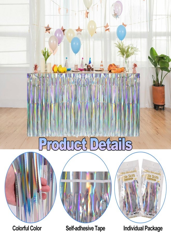 Dyrfolm 4 Pack Iridescent Table Skirt,Laser Metallic Foil Fringe Tinsel Table Skirts,Disposable Rainbow Table Skirt Banner for Rectangle Tables Birthday Wedding Graduation Party Decoration(29x108Inch) - Image 3