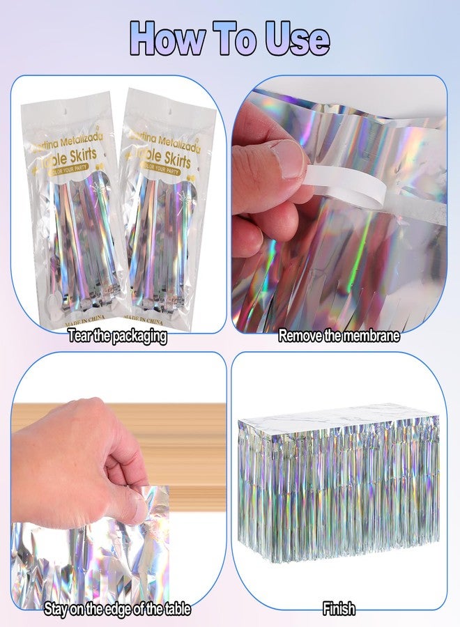Dyrfolm 4 Pack Iridescent Table Skirt,Laser Metallic Foil Fringe Tinsel Table Skirts,Disposable Rainbow Table Skirt Banner for Rectangle Tables Birthday Wedding Graduation Party Decoration(29x108Inch) - Image 5