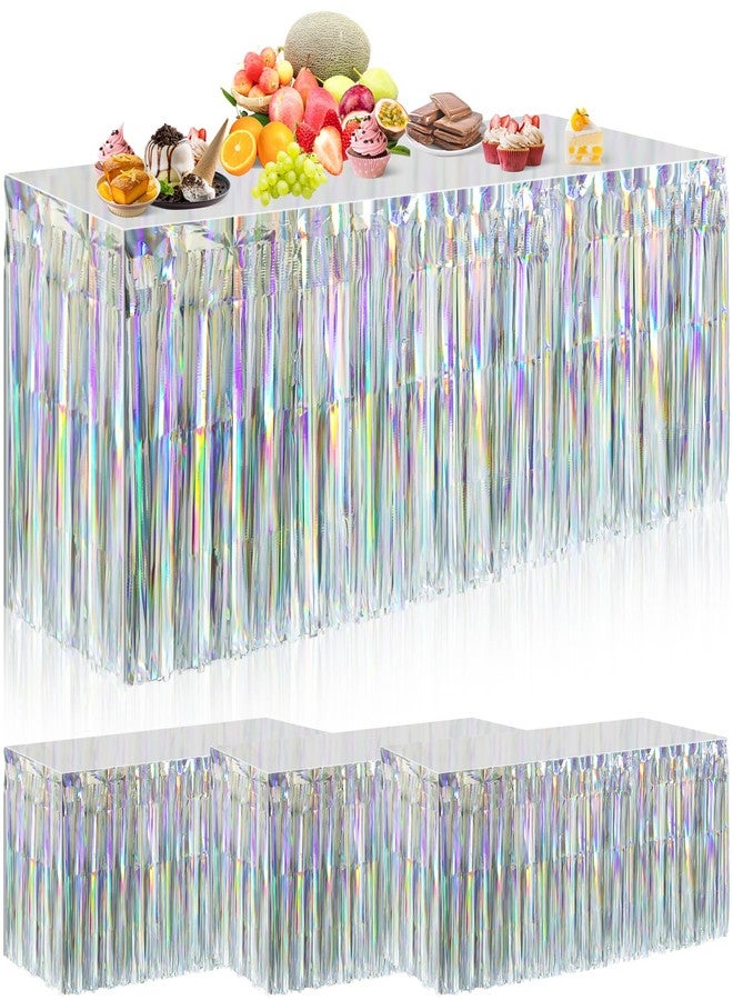 Dyrfolm 4 Pack Iridescent Table Skirt,Laser Metallic Foil Fringe Tinsel Table Skirts,Disposable Rainbow Table Skirt Banner for Rectangle Tables Birthday Wedding Graduation Party Decoration(29x108Inch) - Image 1