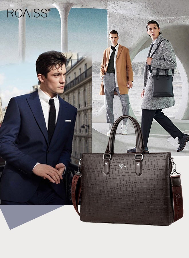 roaiss حقيبة كلاسيكية من جلد البولي يوريثان للأعمال مقاس 14 بوصة حقيبة كمبيوتر محمول ذات سعة كبيرة حقيبة ساعي البريد بمقبض علوي ناعم مع حزام كتف طويل للرجال للسفر والمكتب باللون البني - Image 3