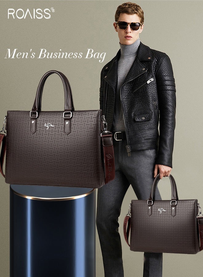 roaiss حقيبة كلاسيكية من جلد البولي يوريثان للأعمال مقاس 14 بوصة حقيبة كمبيوتر محمول ذات سعة كبيرة حقيبة ساعي البريد بمقبض علوي ناعم مع حزام كتف طويل للرجال للسفر والمكتب باللون البني - Image 2