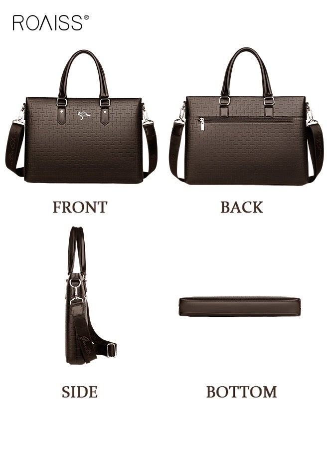 roaiss حقيبة كلاسيكية من جلد البولي يوريثان للأعمال مقاس 14 بوصة حقيبة كمبيوتر محمول ذات سعة كبيرة حقيبة ساعي البريد بمقبض علوي ناعم مع حزام كتف طويل للرجال للسفر والمكتب باللون البني - Image 4