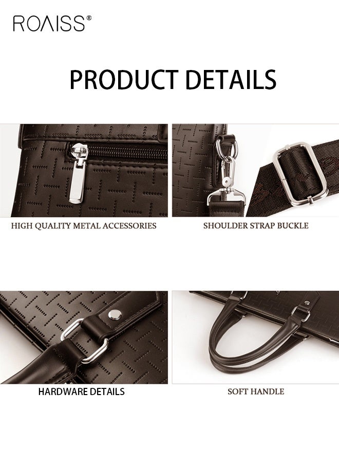 roaiss حقيبة كلاسيكية من جلد البولي يوريثان للأعمال مقاس 14 بوصة حقيبة كمبيوتر محمول ذات سعة كبيرة حقيبة ساعي البريد بمقبض علوي ناعم مع حزام كتف طويل للرجال للسفر والمكتب باللون البني - Image 5