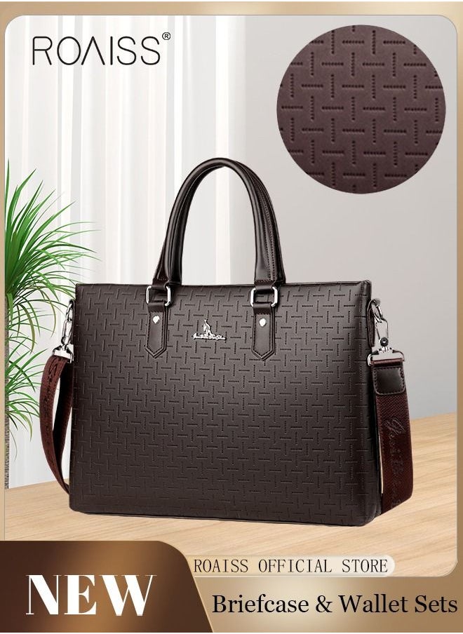 roaiss Classic PU Business Leather Briefcase 14 Inch Laptop Bag Large Capacity Messenger Bag Soft Top Handle Tote with Long Shoulder Strap Men Travel Office Brown  - Image 1