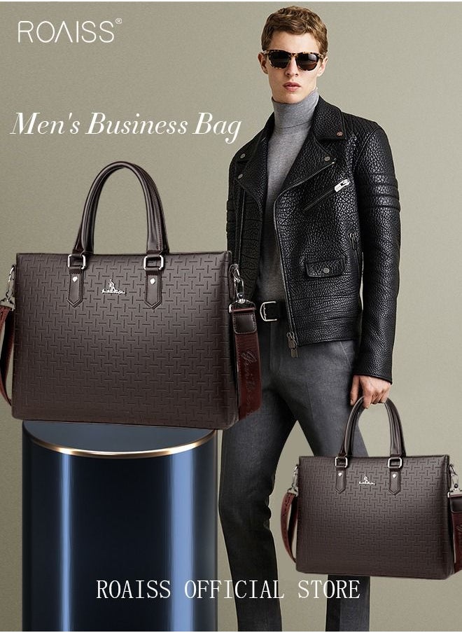 roaiss Classic PU Business Leather Briefcase 14 Inch Laptop Bag Large Capacity Messenger Bag Soft Top Handle Tote with Long Shoulder Strap Men Travel Office Brown  - Image 2