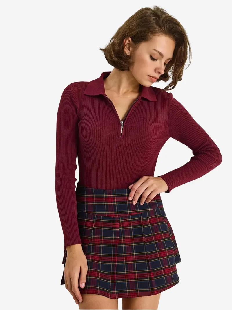 Bianco Lucci Burgundy Red LUCCI Sweater with Zipper Collar for Women | Best Price UAE