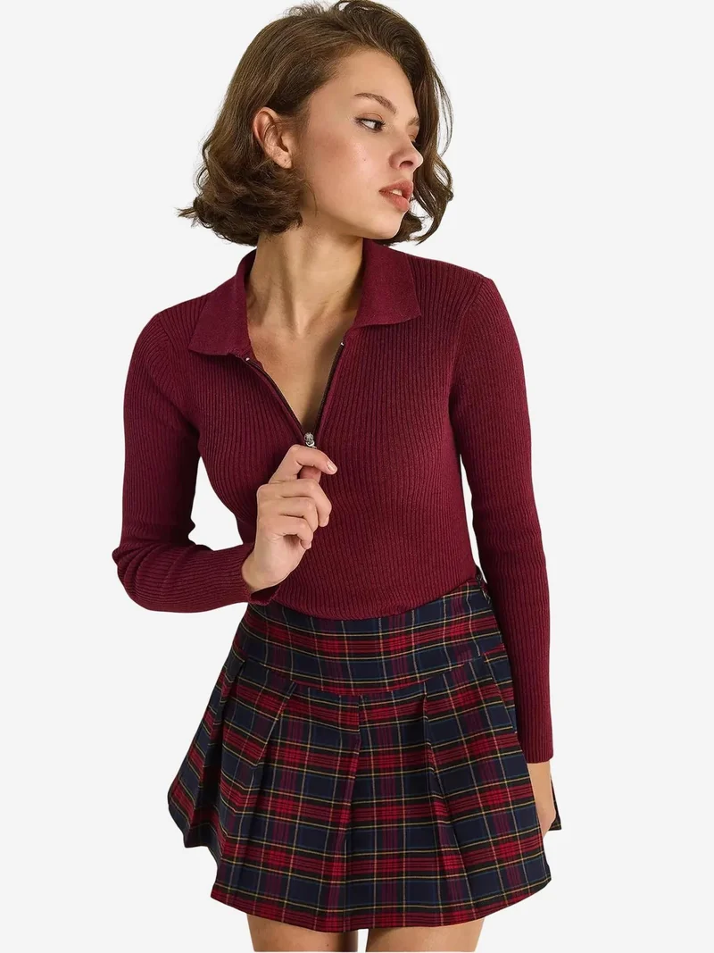 Bianco Lucci Burgundy Red LUCCI Sweater with Zipper Collar for Women | Best Price UAE