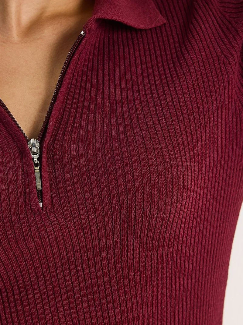 Bianco Lucci Burgundy Red LUCCI Sweater with Zipper Collar for Women | Best Price UAE