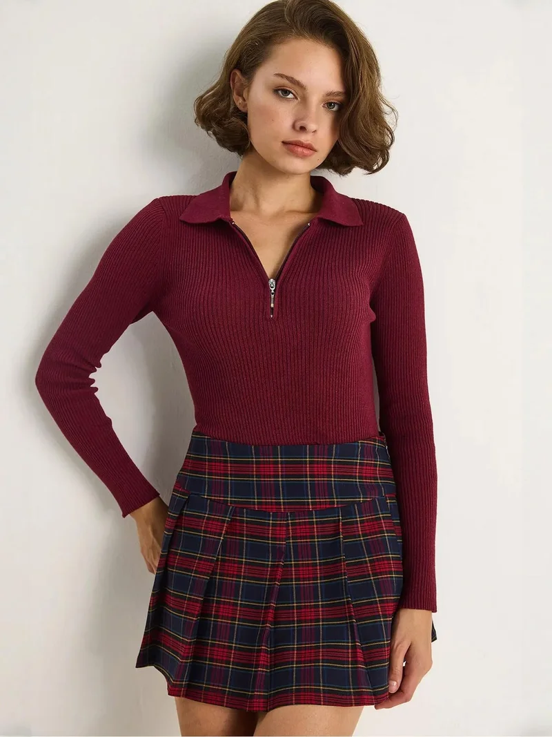 Bianco Lucci Burgundy Red LUCCI Sweater with Zipper Collar for Women | Best Price UAE