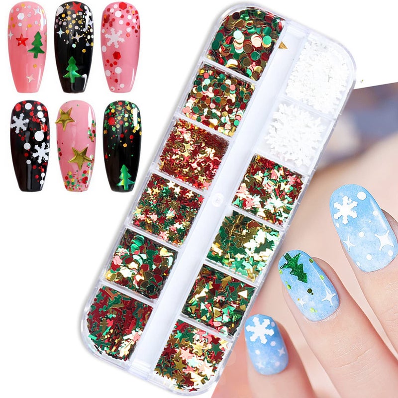 Christmas Glitter Nail Art Sequins 3D Christmas Tree Snowflakes Love Heart Stars Circle Nail Sparkly Flakes Design Supplies for Women Girls Manicure Holiday Decorations Xmas Resin Nail Art Tips