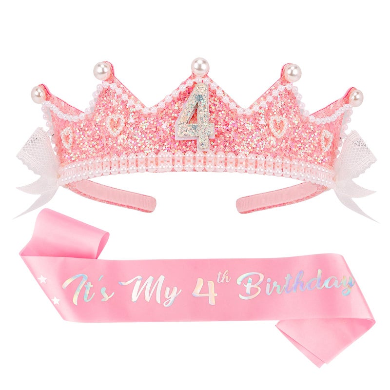 CUBACO Birthday Girl Crown and Sash, 4th Birthday Girl Headband Princess Pink Crown 4 Year Old Girl Birthday Gifts Outfit Birthday Decorations,Suitable for Party Favors Decorations - Image 1