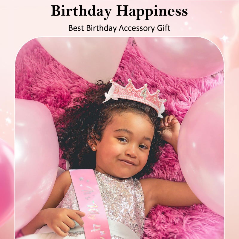 CUBACO Birthday Girl Crown and Sash, 4th Birthday Girl Headband Princess Pink Crown 4 Year Old Girl Birthday Gifts Outfit Birthday Decorations,Suitable for Party Favors Decorations - Image 3
