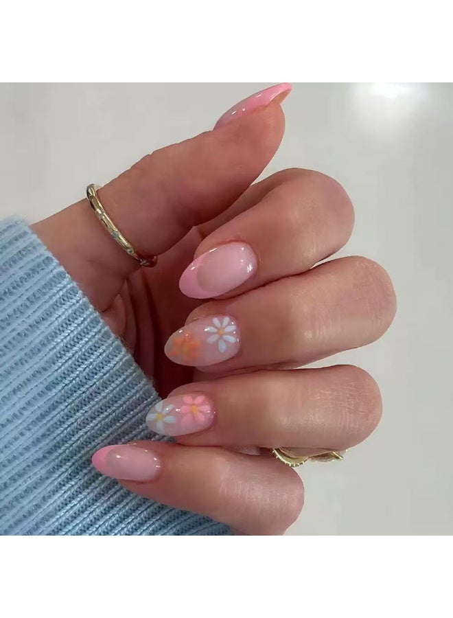 جوسكوين 24 قطعة من الأظافر الصناعية القابلة للضغط، مانيكير فرنسي بسيط بتصميم زهري، أظافر قابلة لإعادة الاستخدام، فن زهري رائع، أظافر أكريليك مع مجموعة غراء. - Image 1