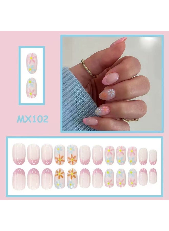 جوسكوين 24 قطعة من الأظافر الصناعية القابلة للضغط، مانيكير فرنسي بسيط بتصميم زهري، أظافر قابلة لإعادة الاستخدام، فن زهري رائع، أظافر أكريليك مع مجموعة غراء. - Image 2