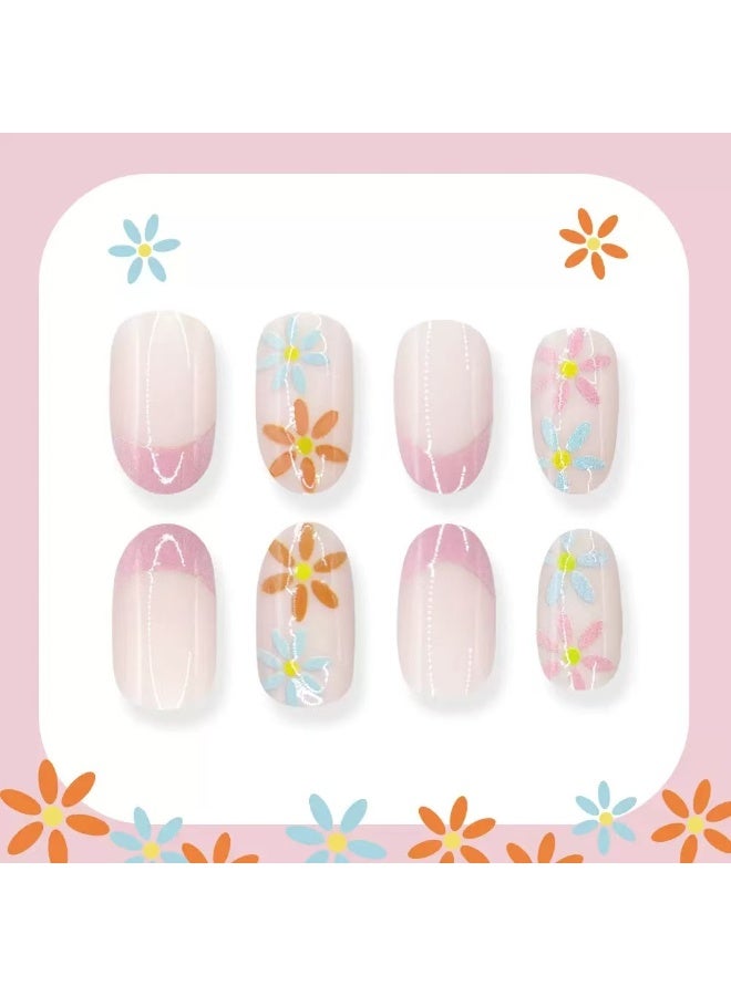 جوسكوين 24 قطعة من الأظافر الصناعية القابلة للضغط، مانيكير فرنسي بسيط بتصميم زهري، أظافر قابلة لإعادة الاستخدام، فن زهري رائع، أظافر أكريليك مع مجموعة غراء. - Image 3